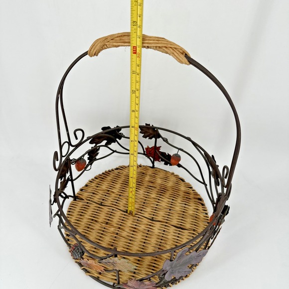 Fall Harvest Metal & Rattan Basket with Handle Autumn Decor Leaf‎ Acorn - Picture 7 of 9